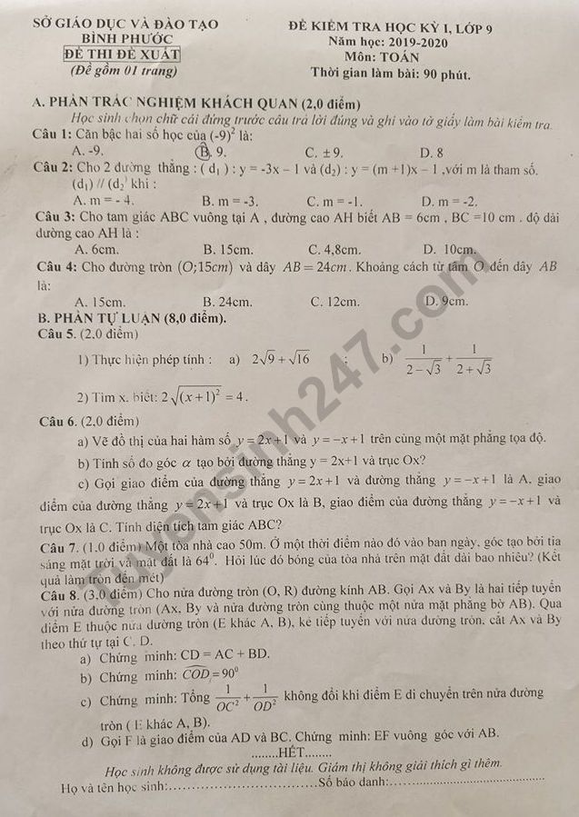 De thi hoc ki 1 lop 9 mon Toan 2019 - So GD Binh Phuoc de xuat