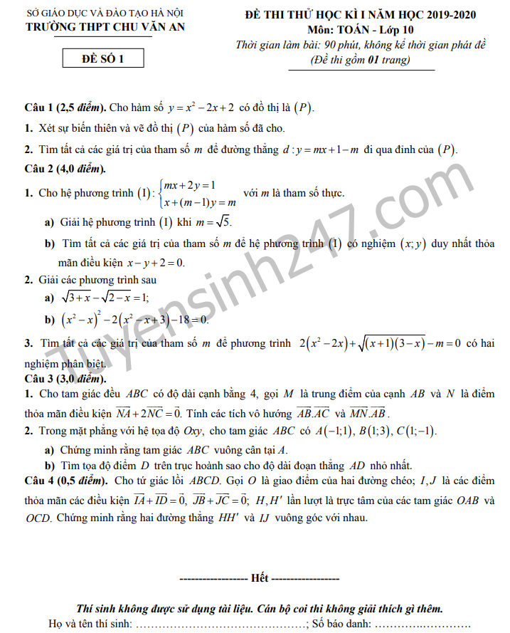 De thi thu hoc ki 1 lop 10 mon Toan 2019 - THPT Chu Van An