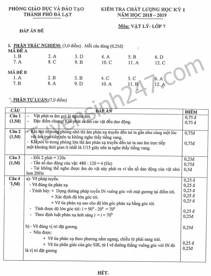De thi ki 1 mon Ly lop 7 nam 2019 - TP Da Lat