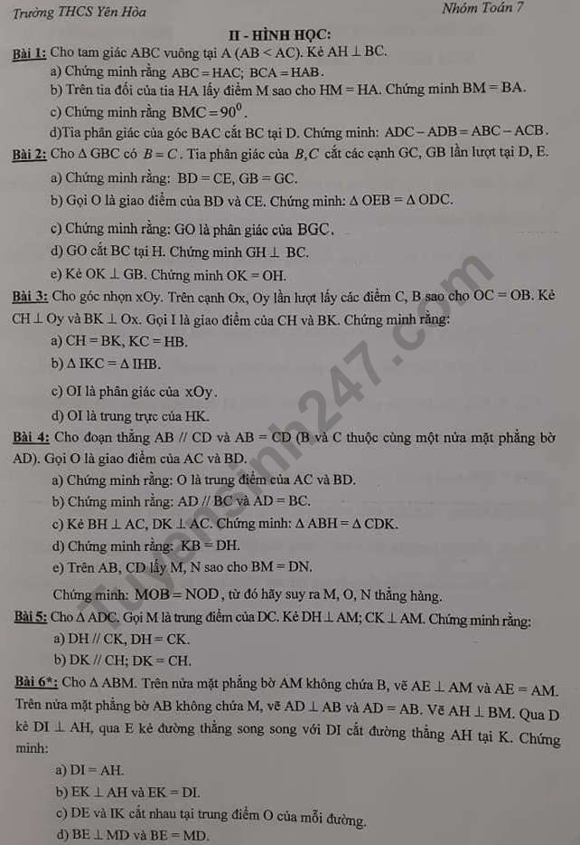 De cuong hoc ki 1 mon Toan lop 7 nam 2019 THCS Yen Hoa