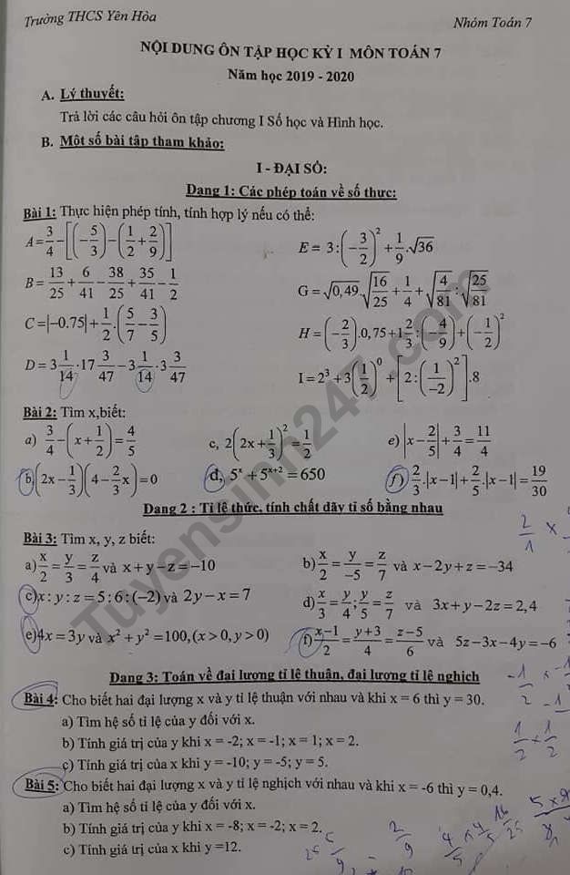 De cuong hoc ki 1 mon Toan lop 7 nam 2019 THCS Yen Hoa