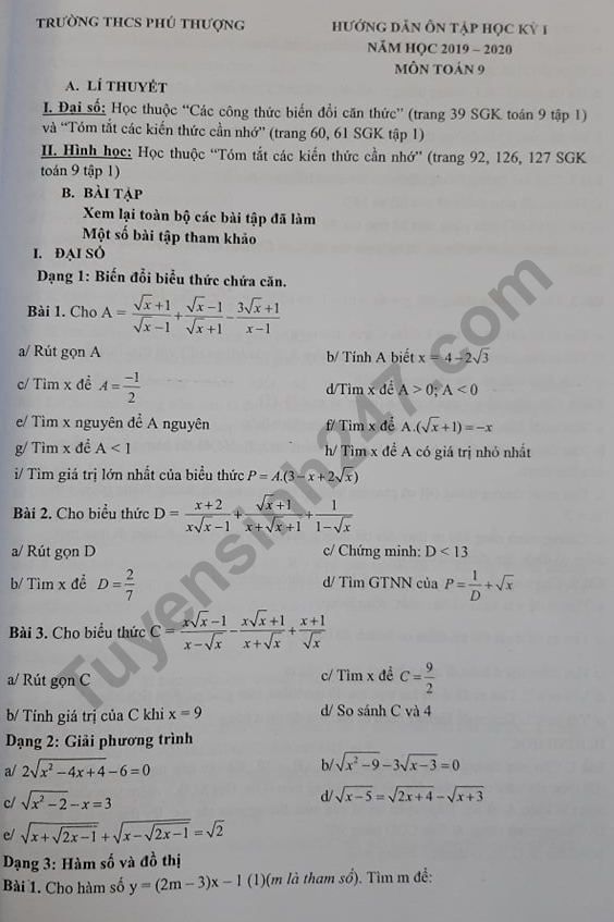 De cuong lop 9 ki 1 mon Toan - THCS Phu Thuong nam 2019