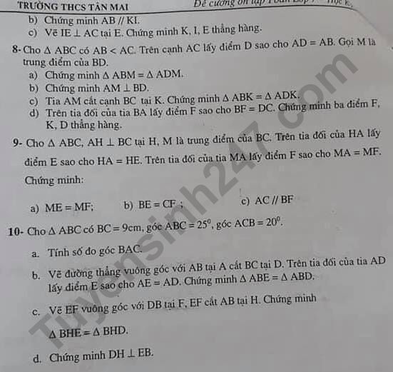 De cuong mon Toan ki 1 lop 7 - THCS Tan Mai 2019