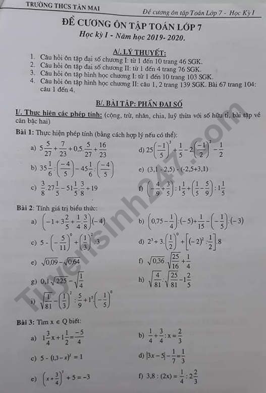 De cuong mon Toan ki 1 lop 7 - THCS Tan Mai 2019