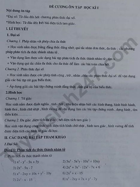 De cuong cuoi ki 1 mon Toan lop 8 - THCS Thanh Xuan 2019