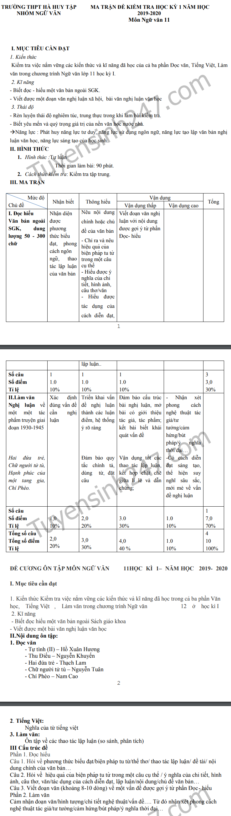 De cuong on tap mon Van ki 1 lop 11 - THPT Ha Huy Tap 2019