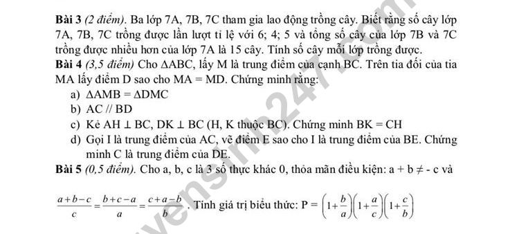 De thi cuoi ki 1 mon Toan lop 7 THCS Thanh Tri nam 2019