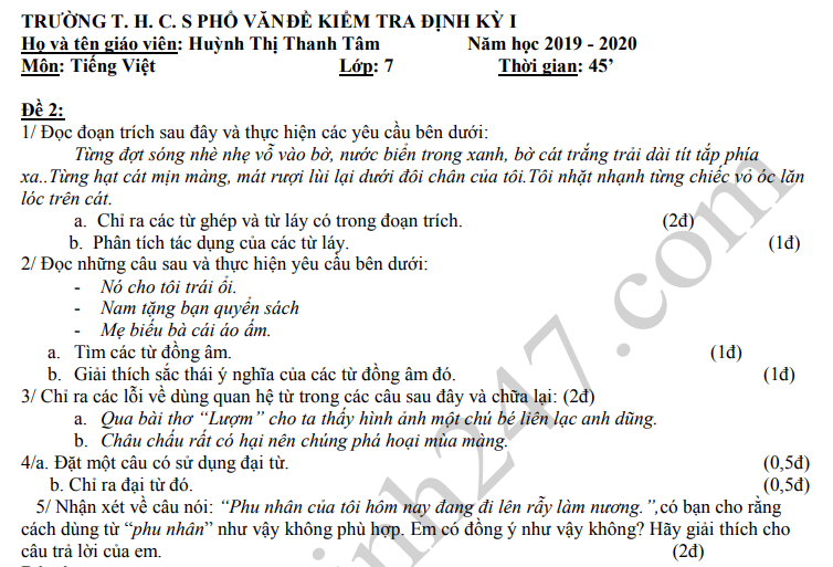 De thi ki 1 lop 7 mon Van nam 2019 - THCS Pho Van