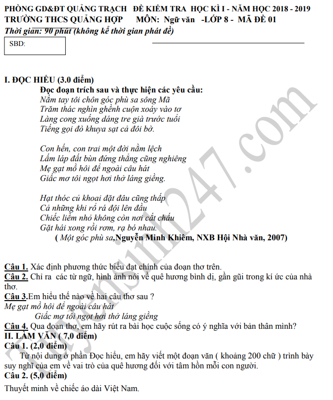 De thi ki 1 lop 8 mon Van 2019 -  THCS Quang Hop