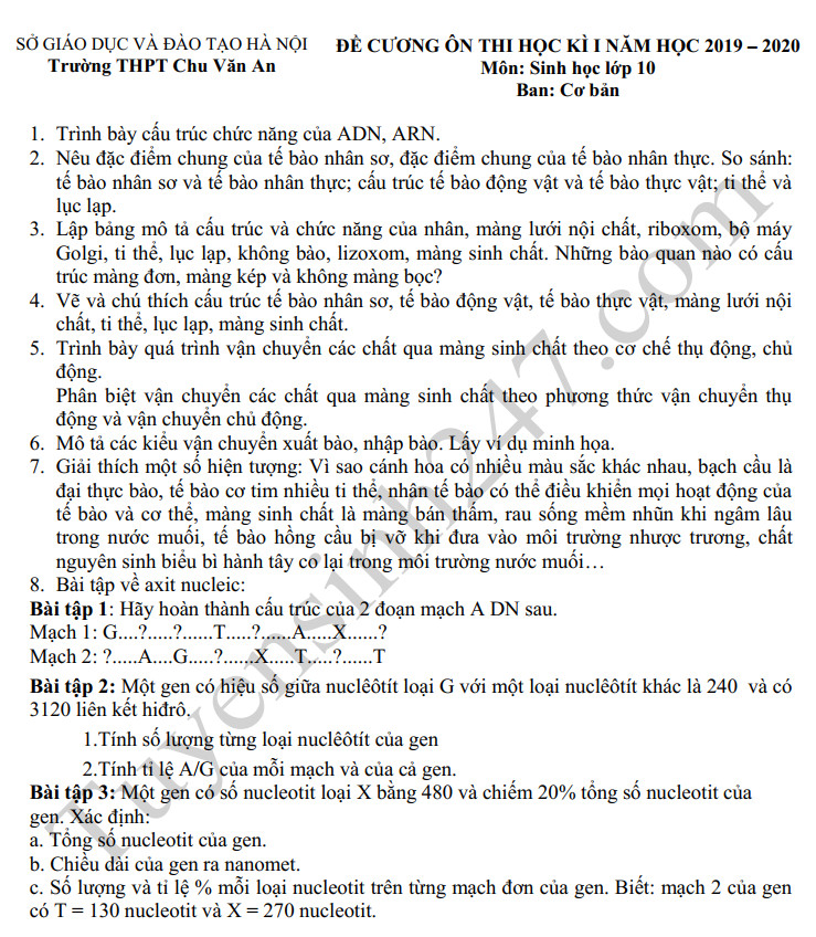 De cuong ki 1 lop 10 mon Sinh THPT Chu Van An nam 2019