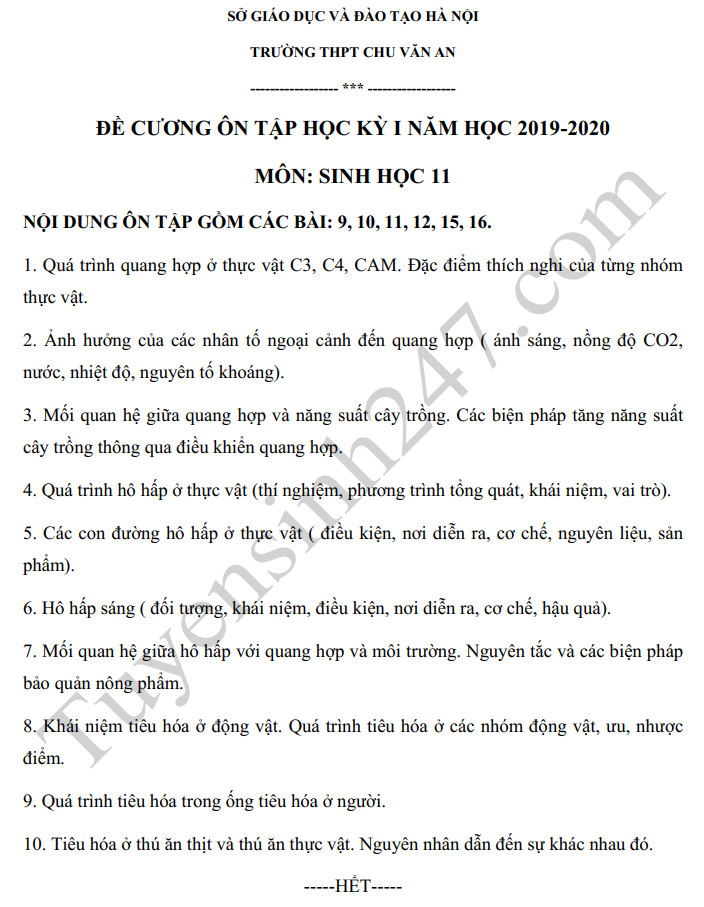 De cuong cuoi ki 1 mon Sinh lop 11 THPT Chu Van An 2019