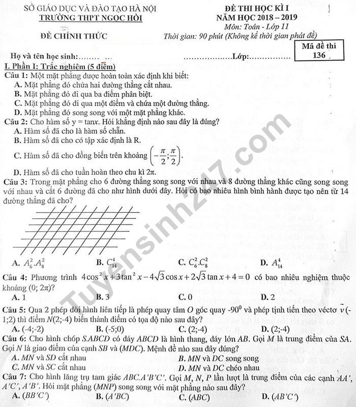De thi ki 1 mon Toan lop 11 THPT Ngoc Hoi 2019