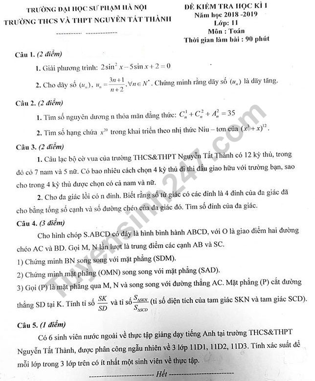 De thi ki 1 lop 11 mon Toan THPT Nguyen Tat Thanh 2019