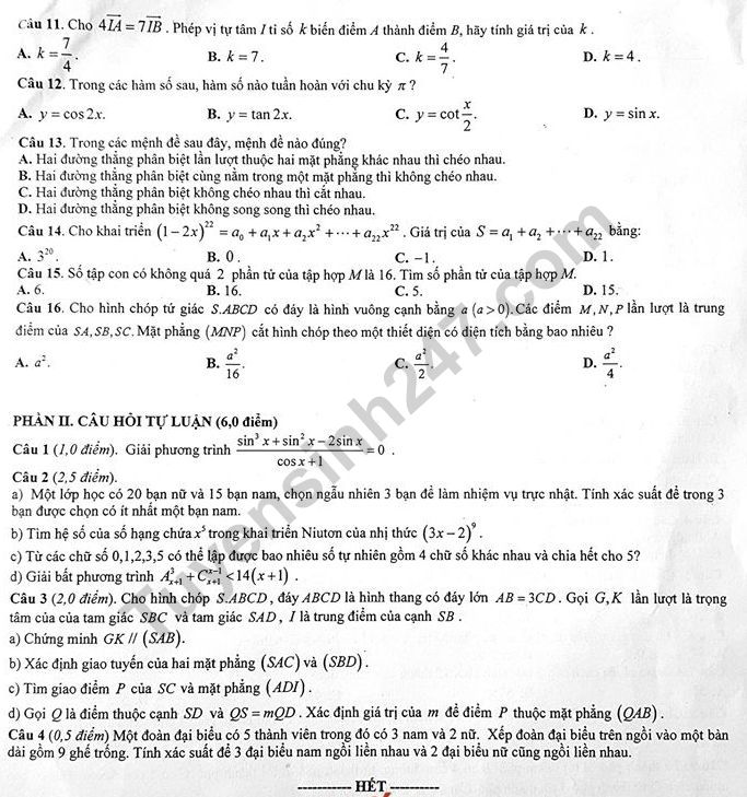 De thi ki 1 mon Toan lop 11 nam 2019 - THPT Thang Long