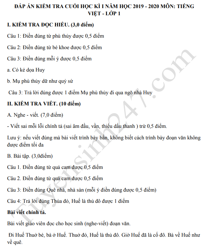 De thi ki 1 lop 1 mon Tieng Viet 2019 - 2020 TH Dao Duc