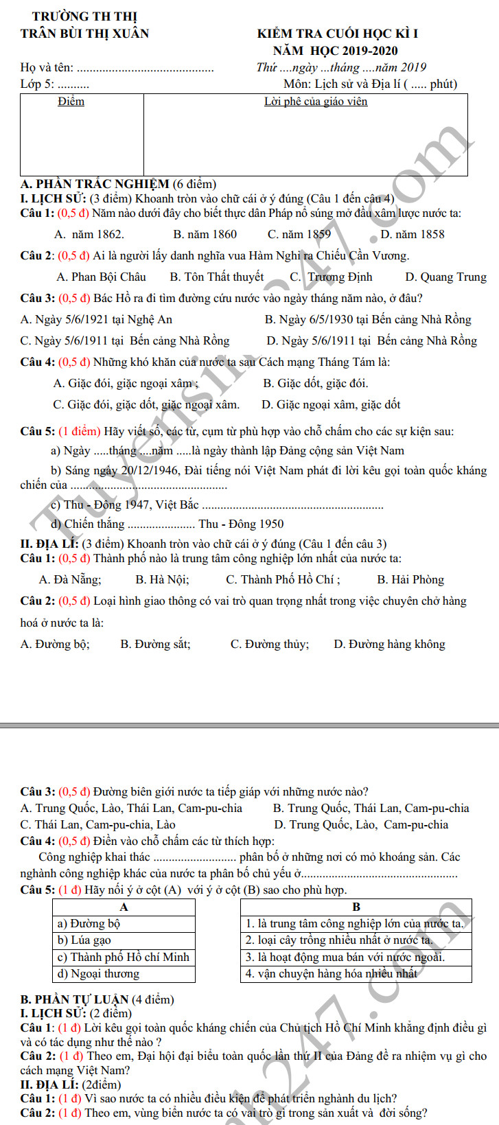 De thi ki 1 mon Su va Dia lop 5 TH Bui Thi Xuan nam 2019-2020