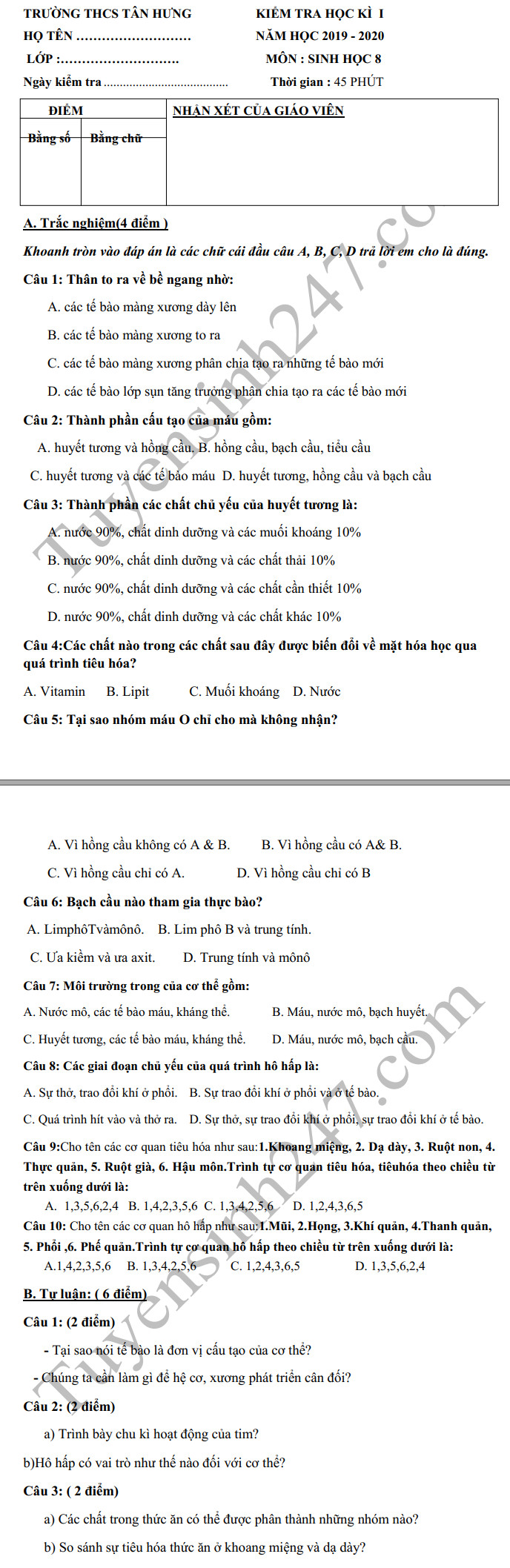De thi Sinh lop 8 ki 1 THCS Tan Hung nam 2019-2020
