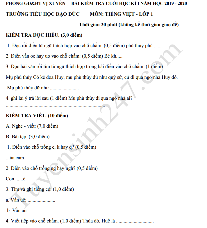 De thi ki 1 lop 1 mon Tieng Viet 2019 - 2020 TH Dao Duc