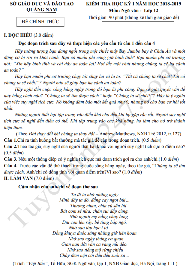 De thi ki 1 lop 12 mon Van 2019 - So GD Quang Nam