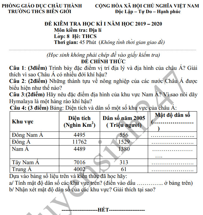 De thi mon Dia lop 8 hoc ki 1 - THCS Bien Gioi nam 2019-2020