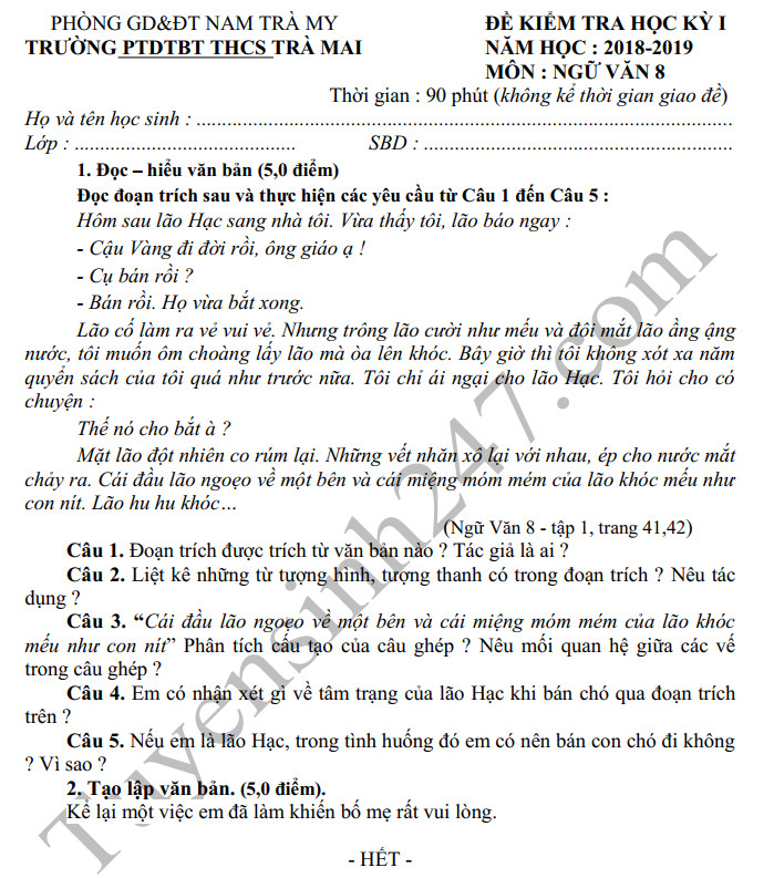 De thi ki 1 mon Van lop 8 nam 2019 THCS Tra Mai co dap an