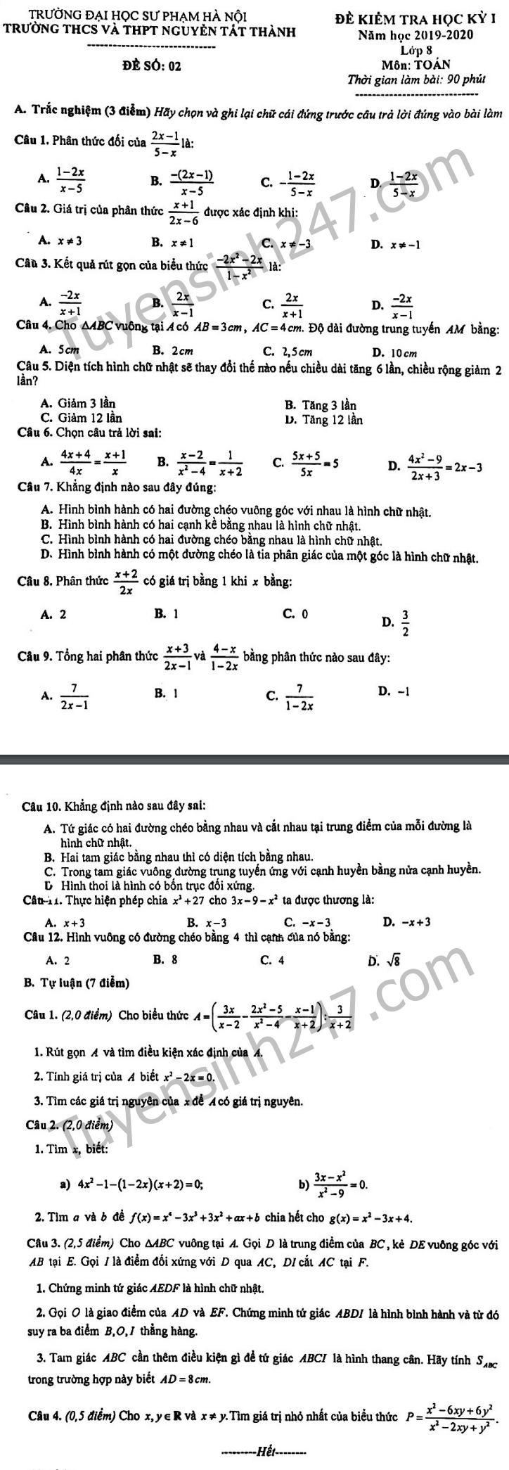 De thi ki 1 lop 8 mon Toan 2019 - 2020 THCS THPT Nguyen Tat Thanh