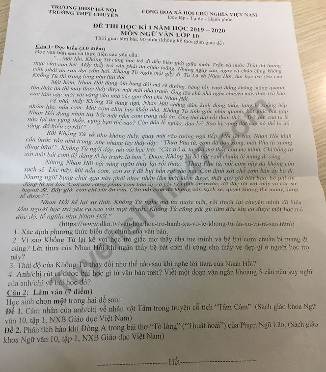 De thi ki 1 lop 10 mon Van THPT Chuyen Su pham Ha Noi 2019 - 2020
