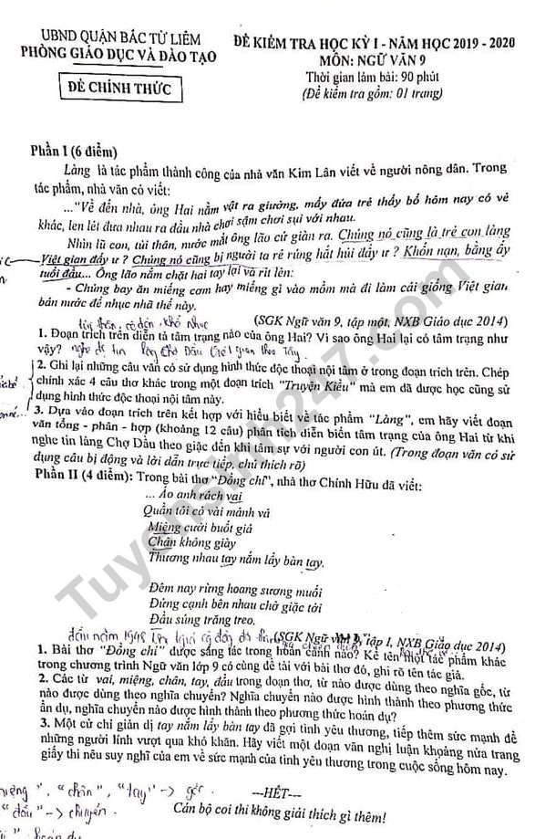De thi ki 1 mon Van lop 9 Quan Bac Tu Liem 2019 - 2020