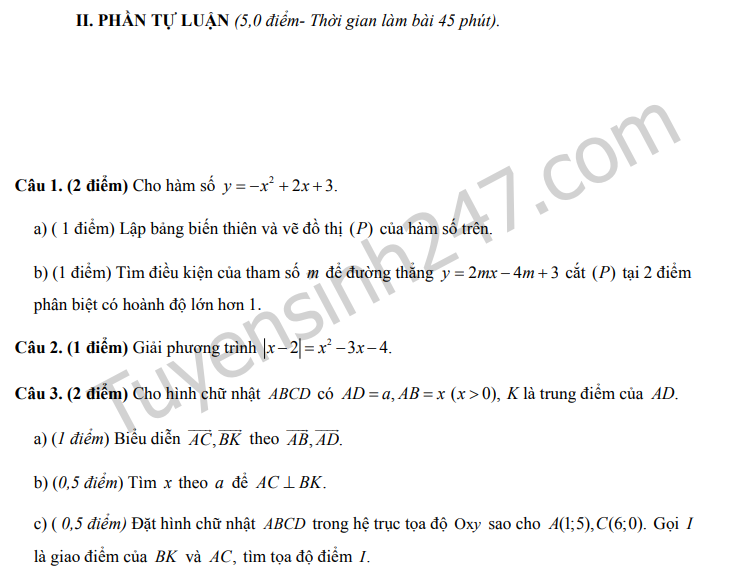 De thi ki 1 lop 10 mon Toan THPT Kim Lien 2019 - 2020