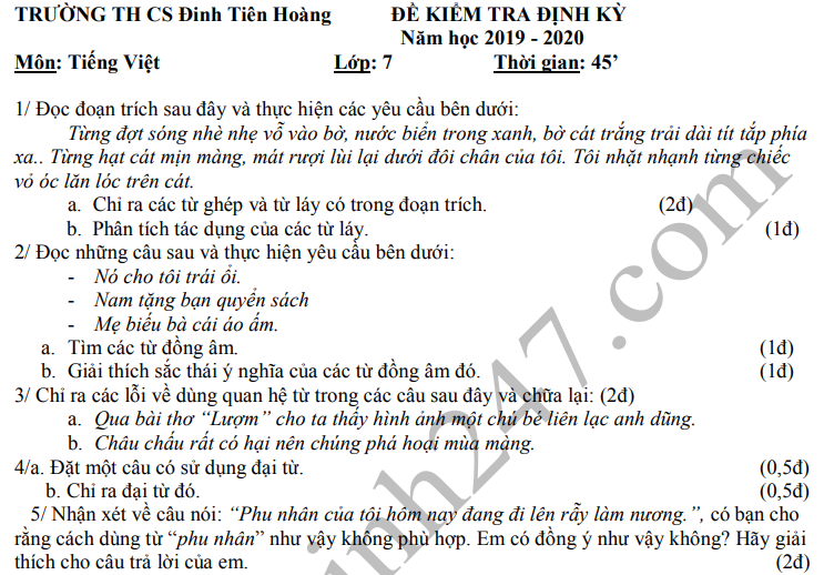 De thi ki 1 lop 7 mon Van 2019 - 2020 THCS Dinh Tien Hoang