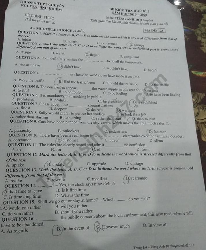 De thi ki 1 lop 10 mon Anh 2019 - 2020 Chuyen Nguyen Binh Khiem