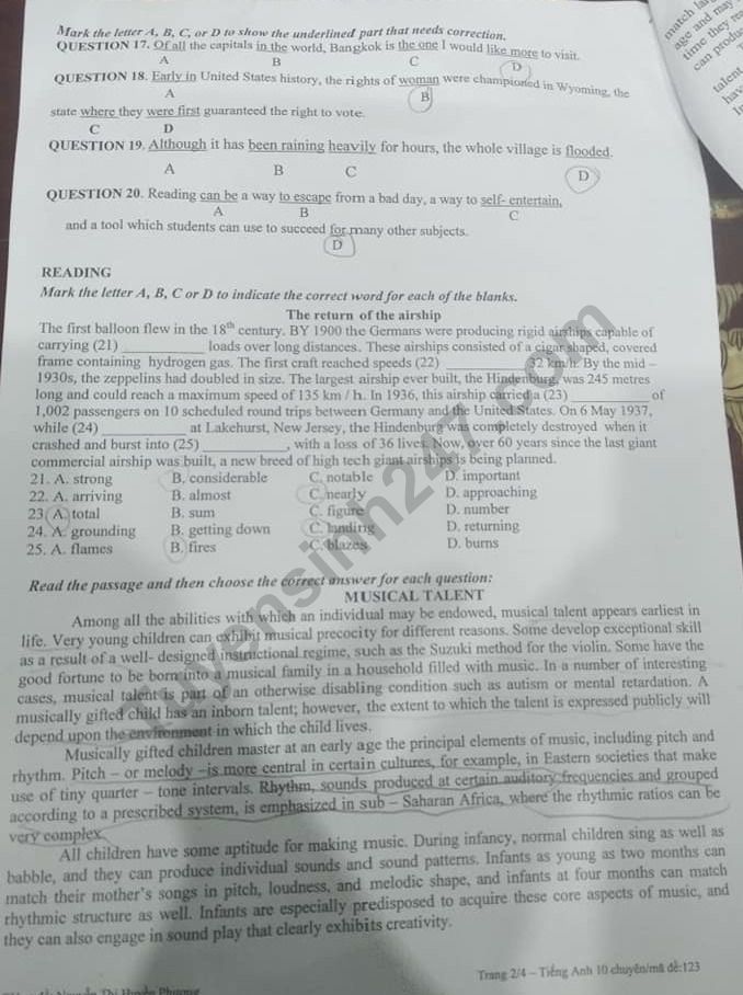 De thi ki 1 lop 10 mon Anh 2019 - 2020 Chuyen Nguyen Binh Khiem