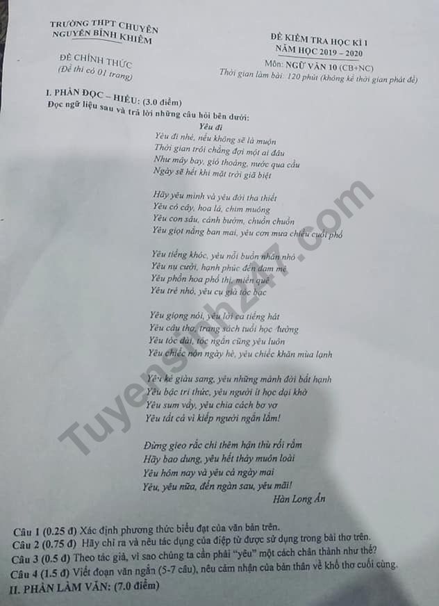 De thi ki 1 lop 10 mon Van Chuyen Nguyen Binh Khiem 2019 - 2020