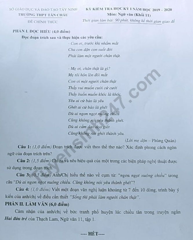 De thi ki 1 mon Van lop 11 nam 2019 - Tan Chau