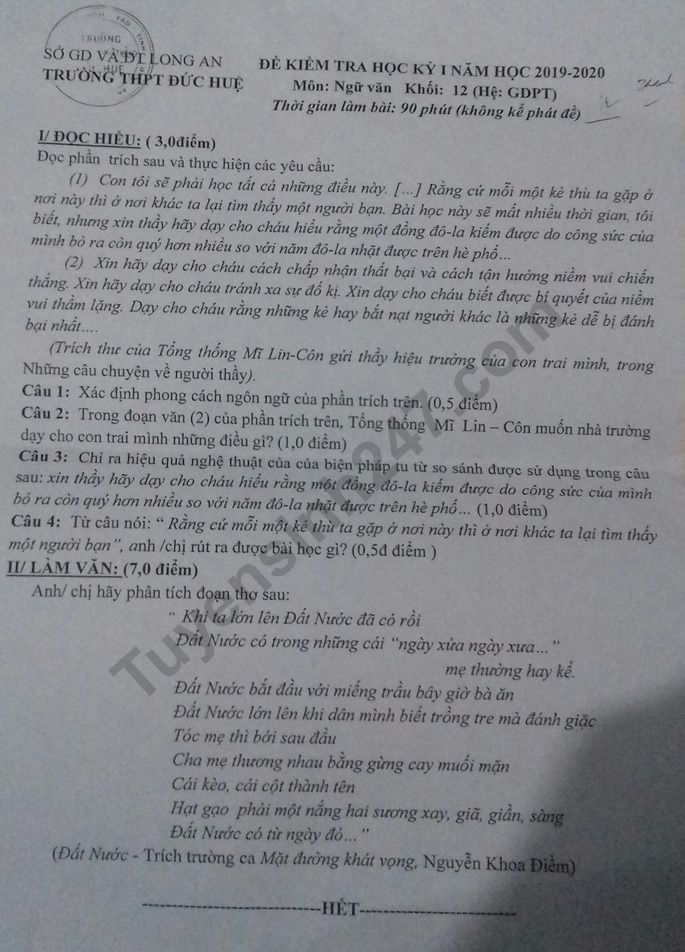 De thi ki 1 lop 12 mon Van nam 2019 - THPT Duc Hue