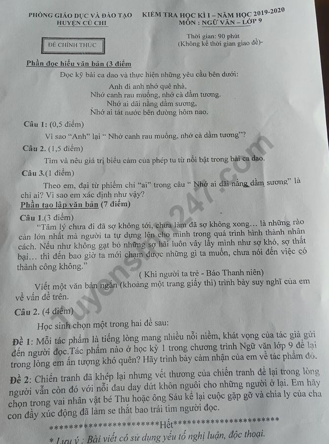 De thi ki 1 lop 9 mon Van 2019 - 2020 Phong GD Cu Chi
