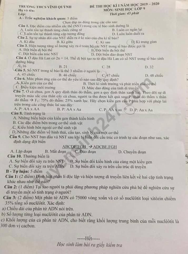 De thi hoc ki 1 mon Sinh lop 9 THCS Vinh Quynh nam 2019-2020