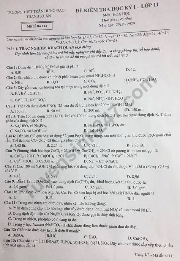 De thi mon Hoa ki 1 lop 11 THPT Tran Hung Dao 2019-2020