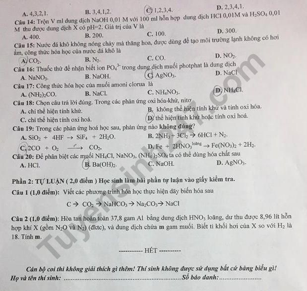 De thi mon Hoa ki 1 lop 11 THPT Tran Hung Dao 2019-2020