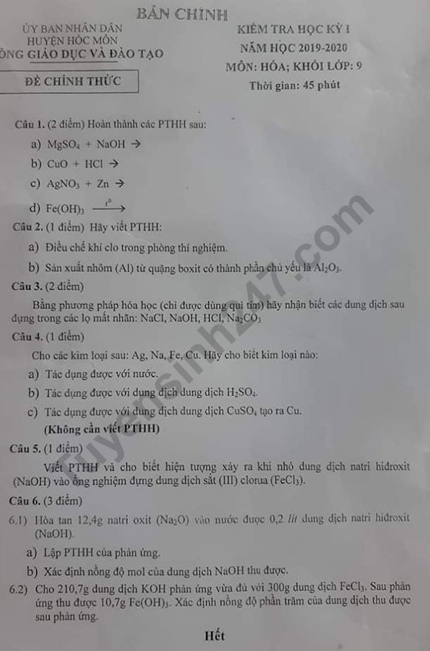 De thi mon Hoa lop 9 ki 1 Phong GD&DT Hoc Mon 2019-2020