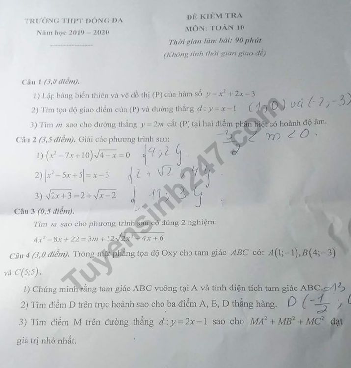 De thi ki 1 lop 10 mon Toan THPT Dong Da 2019 - 2020