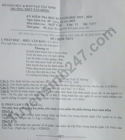 De thi ki 1 lop 11 mon Van THPT Tan Dong 2019 - 2020