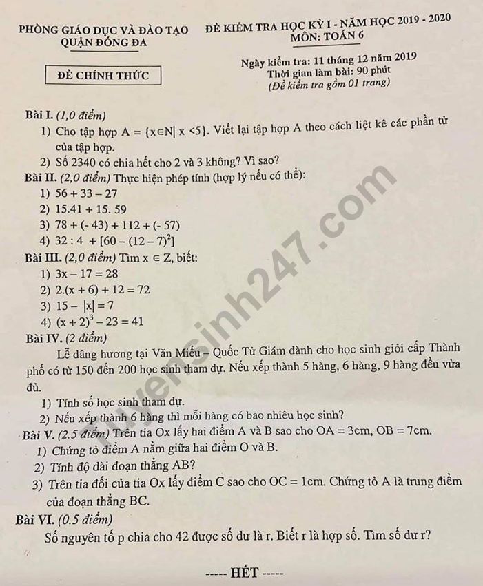 De thi ki 1 lop 6 mon Toan Quan Dong Da 2019 - 2020