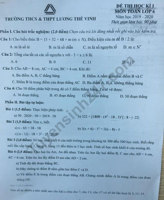 De thi ki 1 lop 6 mon Toan THCS THPT Luong The Vinh 2019 - 2020