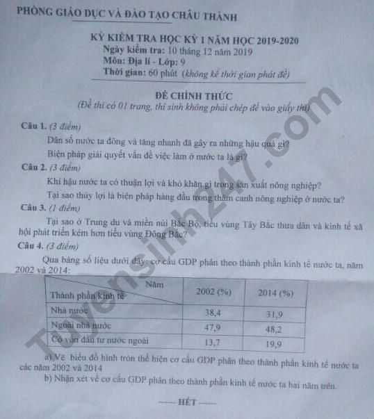 De thi ki 1 lop 9 mon Dia 2019 - 2020 Chau Thanh