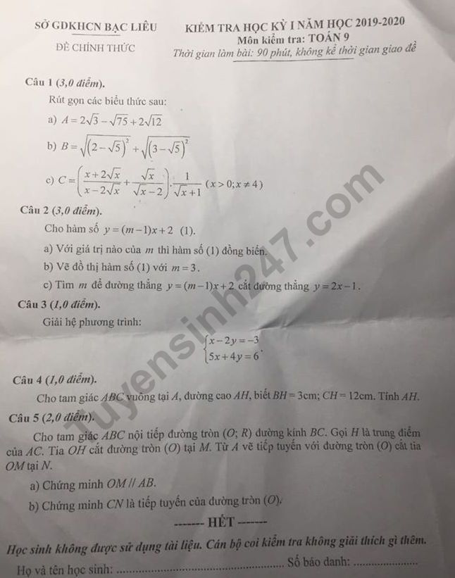 De thi ki 1 lop 9 mon Toan So GD Bac Lieu 2019 - 2020