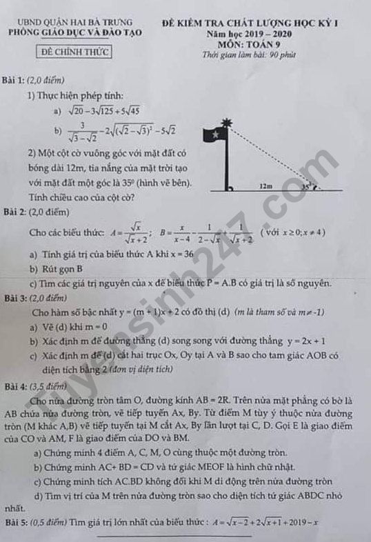 De thi ki 1 mon Toan lop 9 Quan Hai Ba Trung 2019 - Co dap an