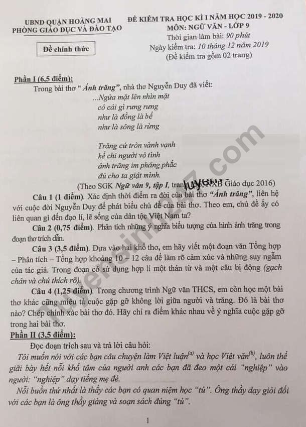 De thi ki 1 lop 9 mon Van Quan Hoang Mai 2019 Co dap an