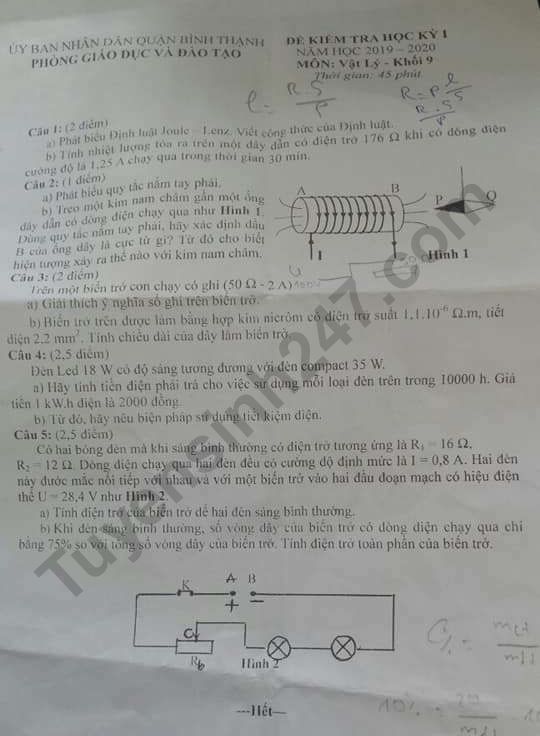 De thi ki 1 mon Ly lop 9 Phong GD&DT Binh Thanh 2019-2020
