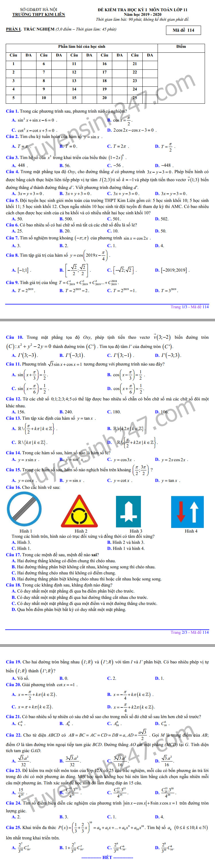 De thi Toan hoc ki 1 lop 11 THPT Kim Lien nam 2019-2020